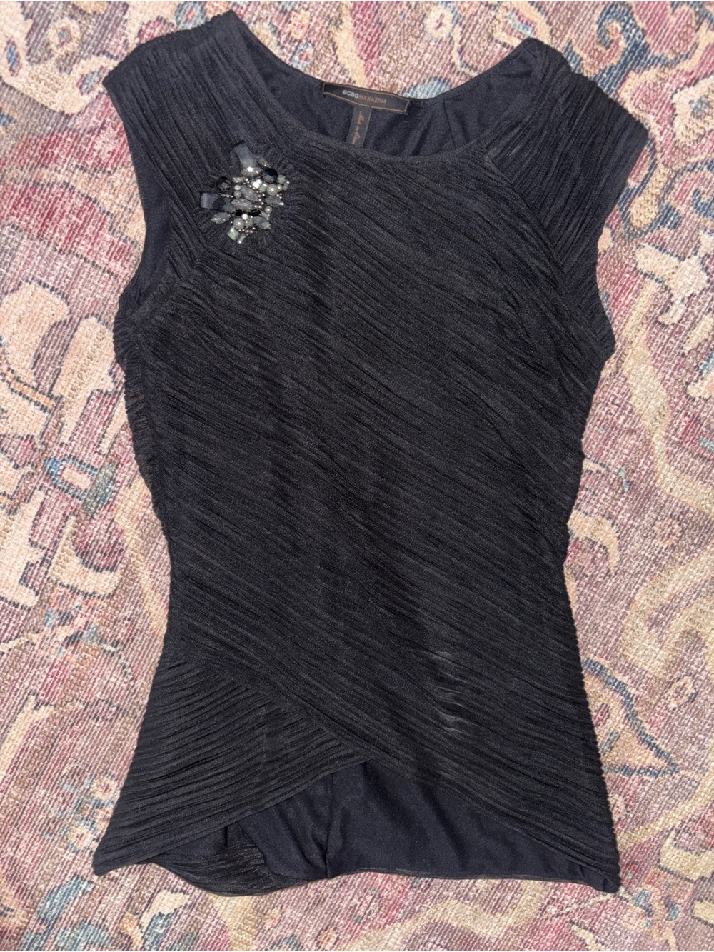 Sleeveless Black Textured Jewel-Accent Top